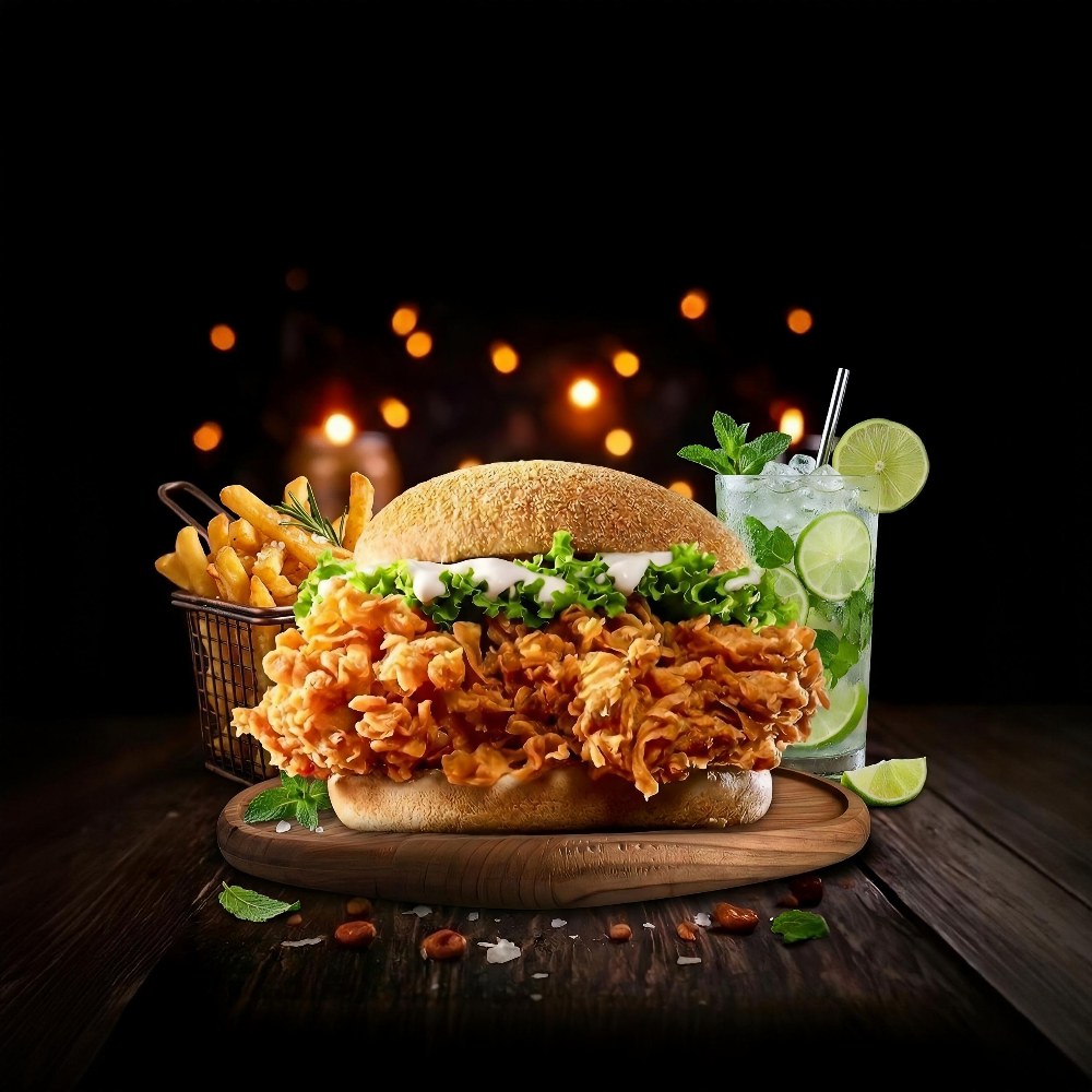 Chicken Burger Combo mojito and french fries