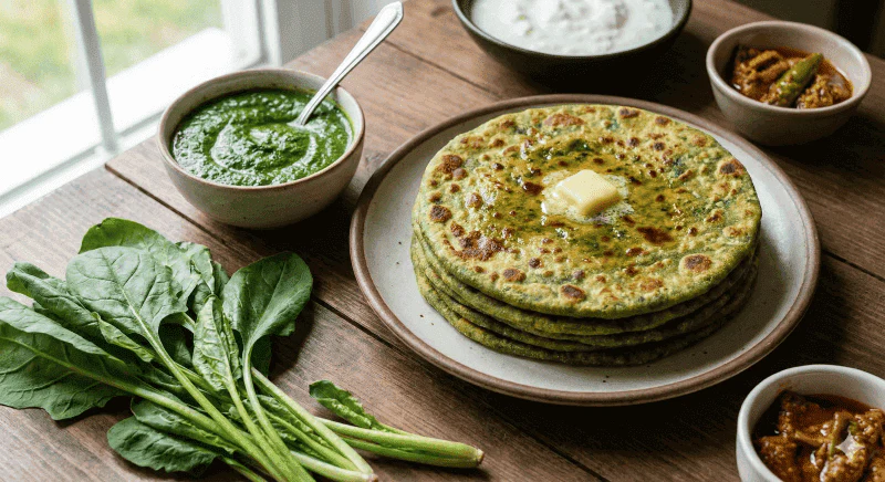Palak paratha with curd/ pickle