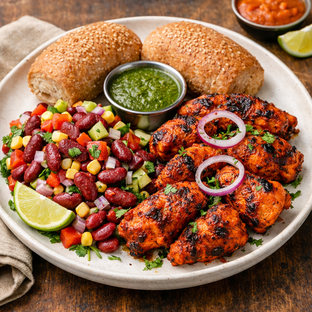 Wheat Roll & Kidney Beans Salad with Tandoori Chicken