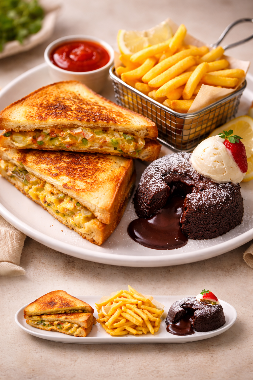 Bread Omlette + French Fries + Lava Cake