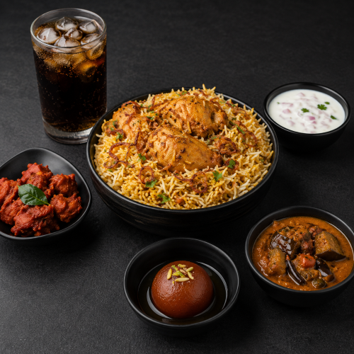Chicken Biriyani Combo(Biriyani, 65,Raita,Brinjal,Sweet,Soft Drink)