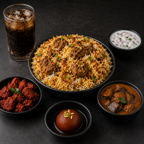 Mutton Biriyani Combo(Briyani,65,Raita,Birnjal,soft drink)