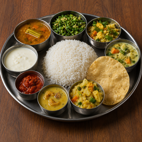 South Indian Meals (750ml rice, 250ml Sambar ,250ml Kootu, 100ml Poriyal ,100ml Rasam , 100ml Curd -Fryums ,Pickle )