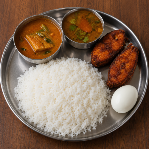 Fish Meals (750ml Rice, 250ml Fish Kuzhambu ,250ml Rasam ,2pcs fish fry ,1pcs boiled Egg))