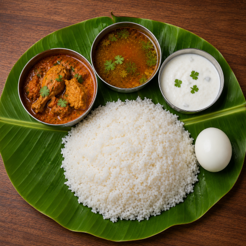 Chicken Meals ( 750ml Rice, 250ml Chicken Kuzhambu, 250ml Rasam, 100ml Curd ,1pcs Boiled Egg))