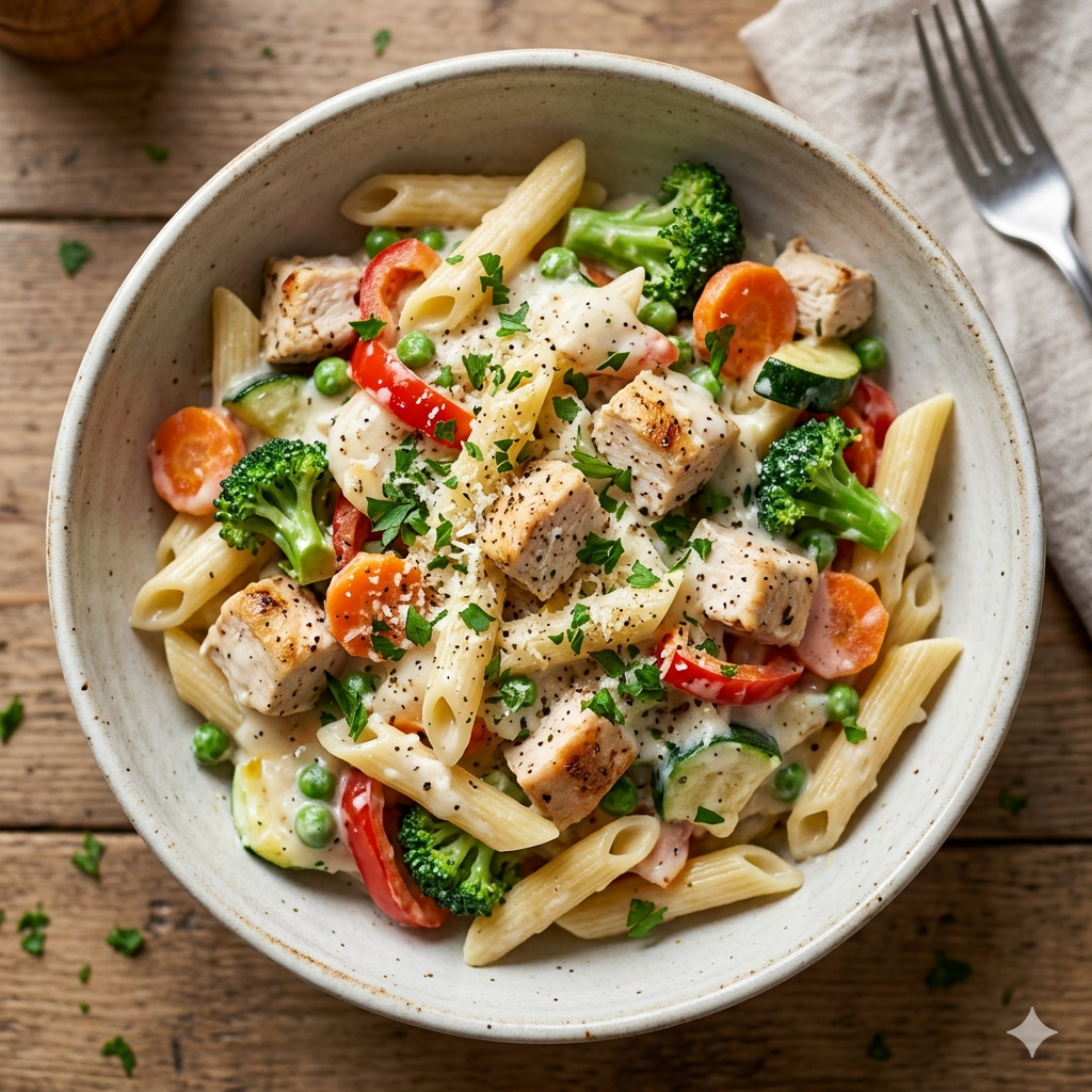 Chicken Vegetable Pasta With White Bechamel