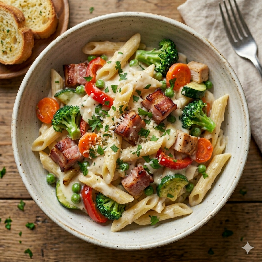 Bacon Cheese Pasta With white Bechamel