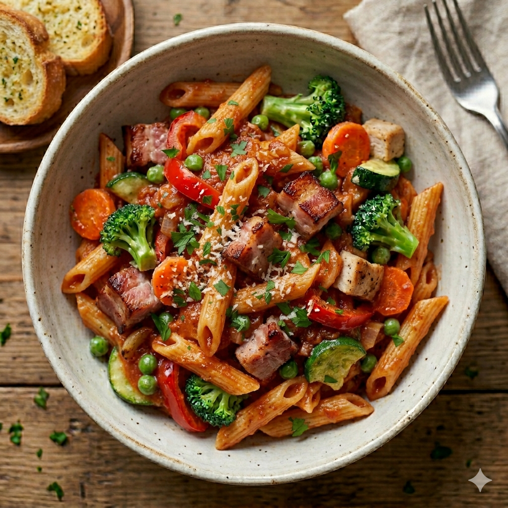 Bacon Cheese Pasta With Red sauce