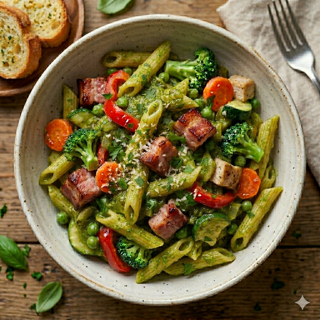 Bacon Cheese Pasta With Pesto sauce