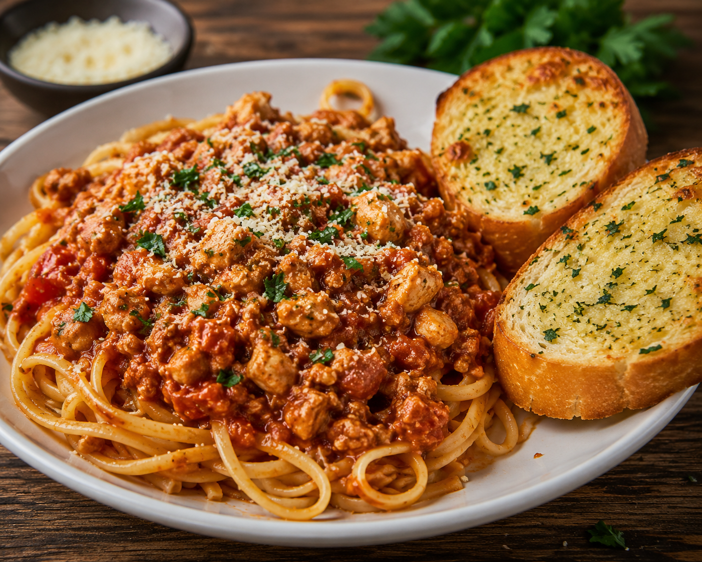 Chicken Bolognese with Garlic Bread