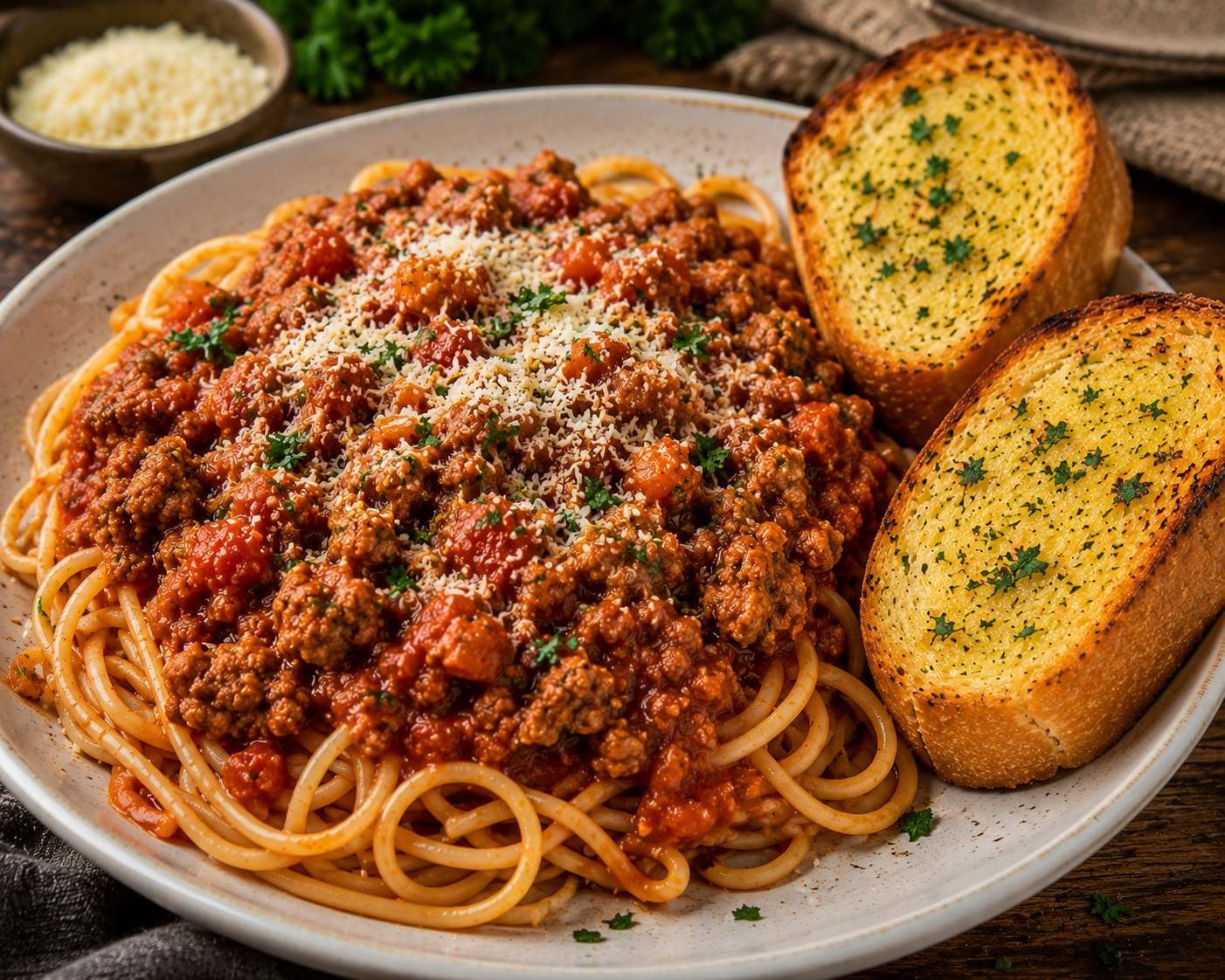 Pork Bolognese with garlic Bread
