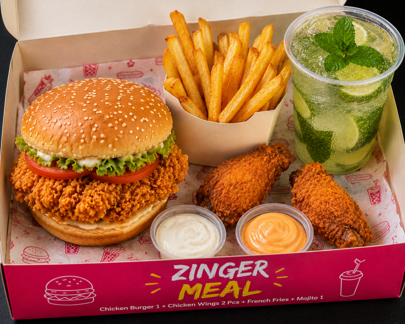 Zinger Meal (Chicken Burger 1 + Chicken Wings 2 Pcs + French Fries + Mojito 1)