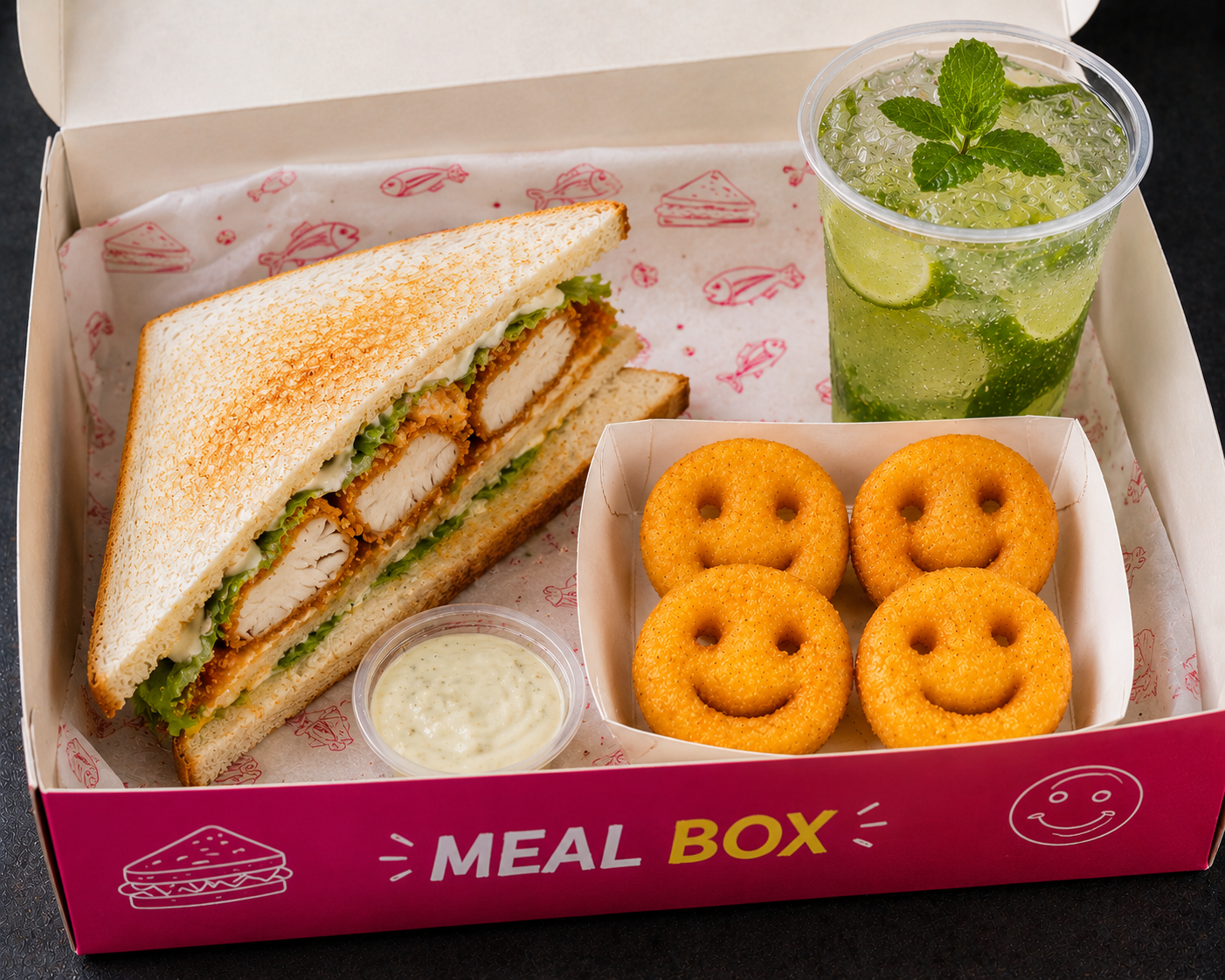 Chicken Sandwich Meal Box (Chicken Sandwich 1 + Smiles 4 Pcs + Mojito 1)