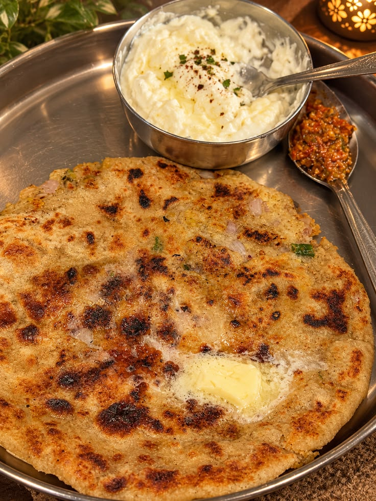 Aaloo Paratha   with Amul butter, Fresh curd, Sweet & Sour Chutney and  Garlic Chutney