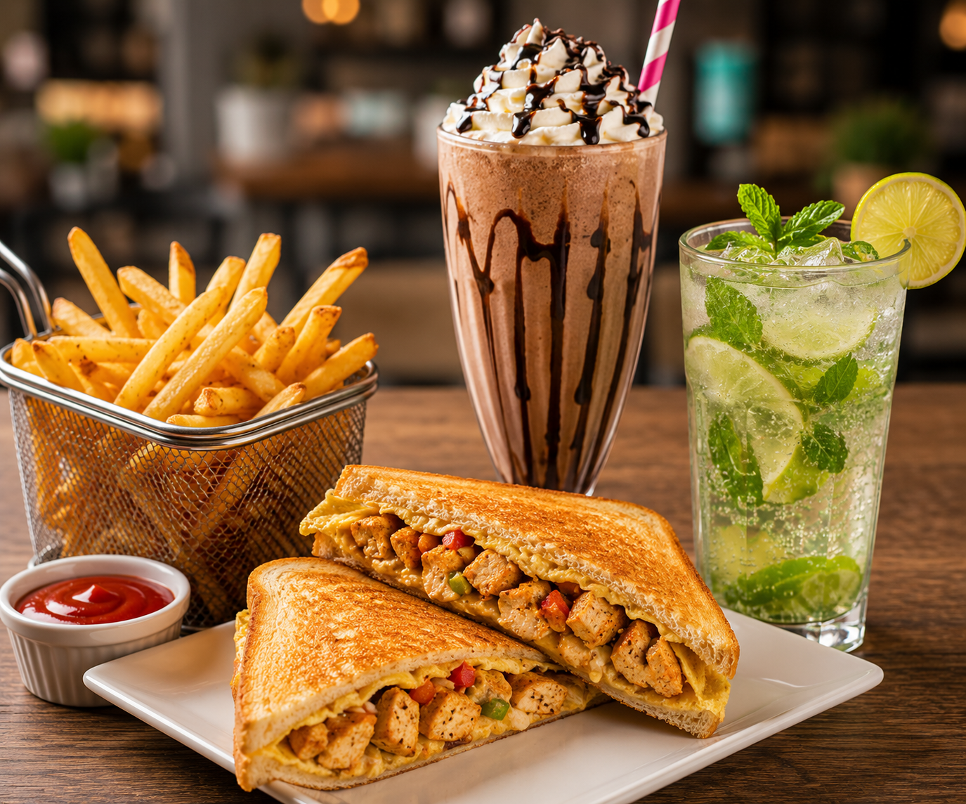 Milk Shake + French Fries + Chicken Bread Omelette + Mojito
