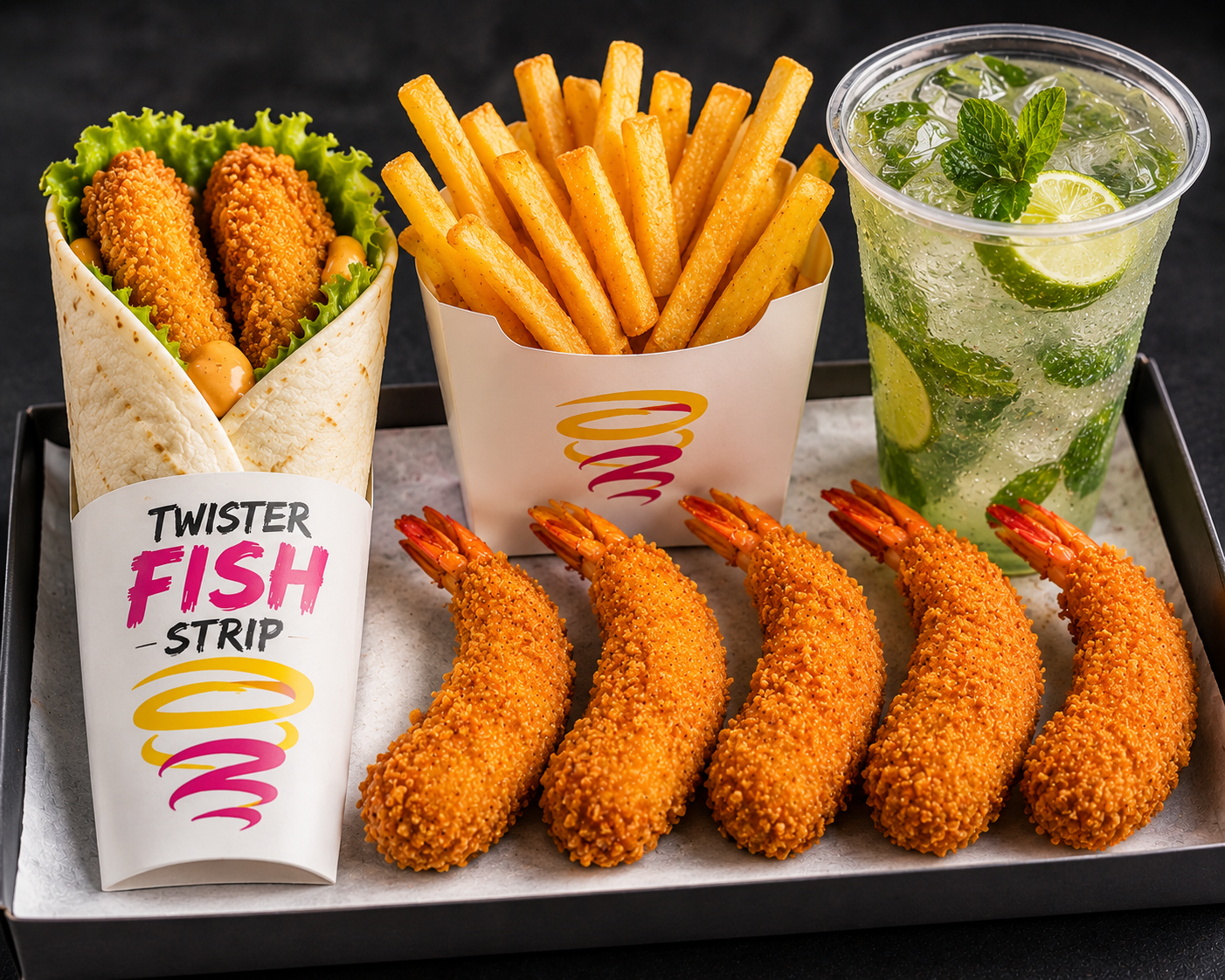 Twister Fish Meal (Fish Strip Twister 1 + Prawn Regular 4Pcs + French Fries + Mojito 1)