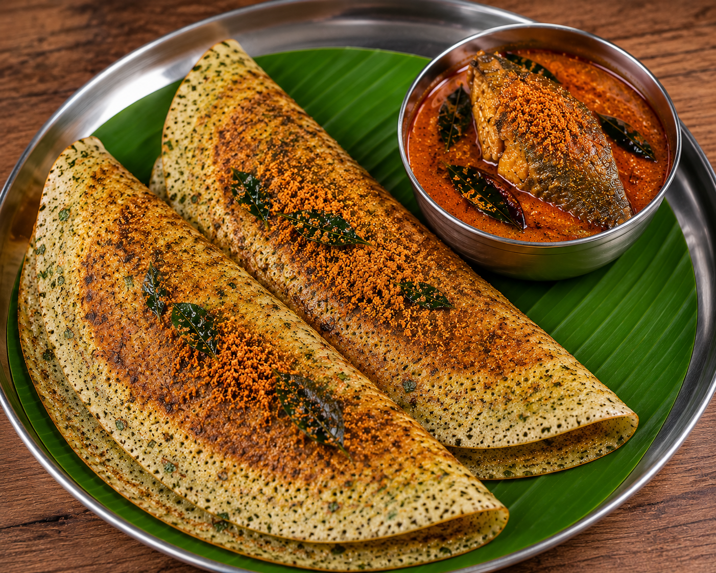 Karuveppilai Podi Dosa (2) with Fish curry