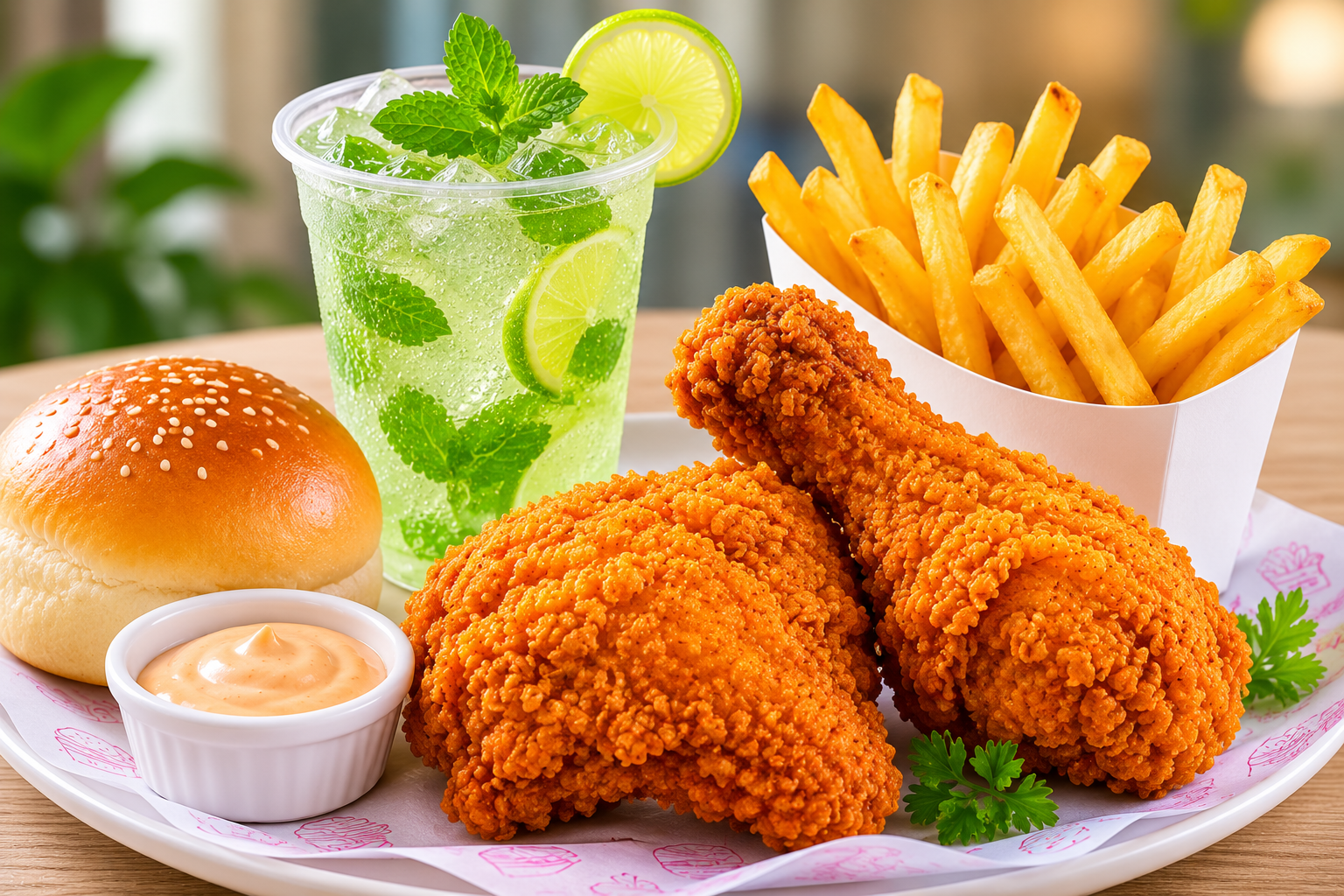 Broasted Chicken 2 Pcs + French Fries + Dip 1 + Bun 1 + Mojito 1