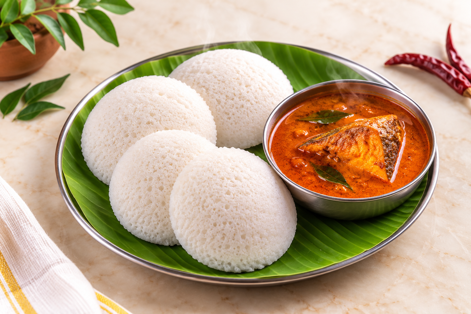 Idly (4) with Fish Curry
