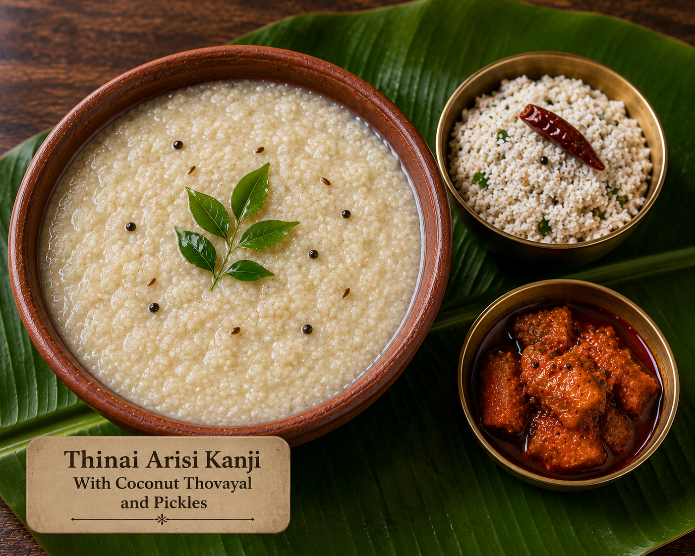 Thinai Arisi Kanji With Coconut Thovayal and Pickles