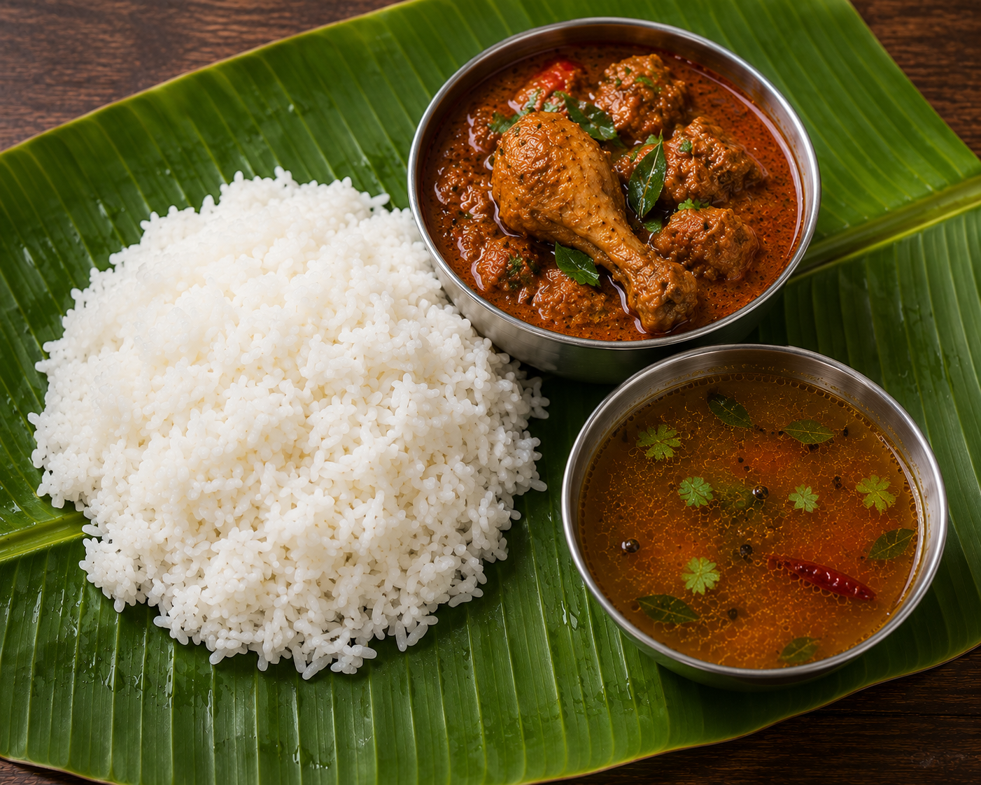 White Rice with Chicken Kuzhambu and Rasam