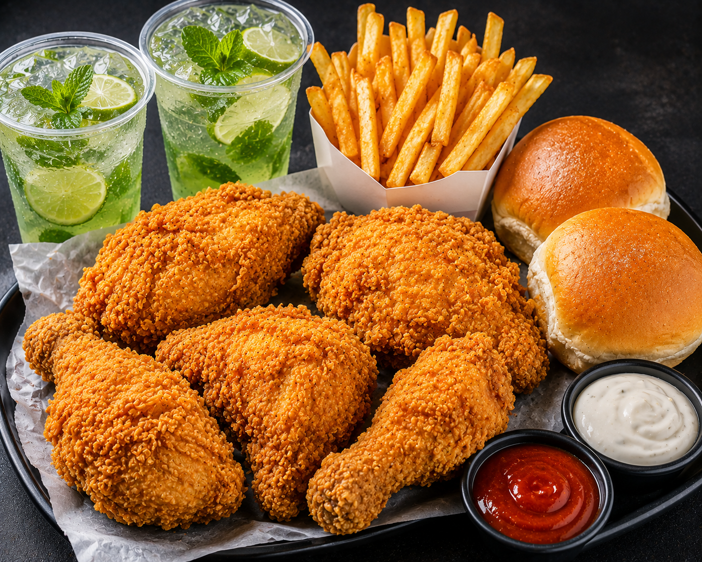 Broasted Chicken 4 Pcs + French Fries + Dips 2 + Buns 2 + Mojito 2
