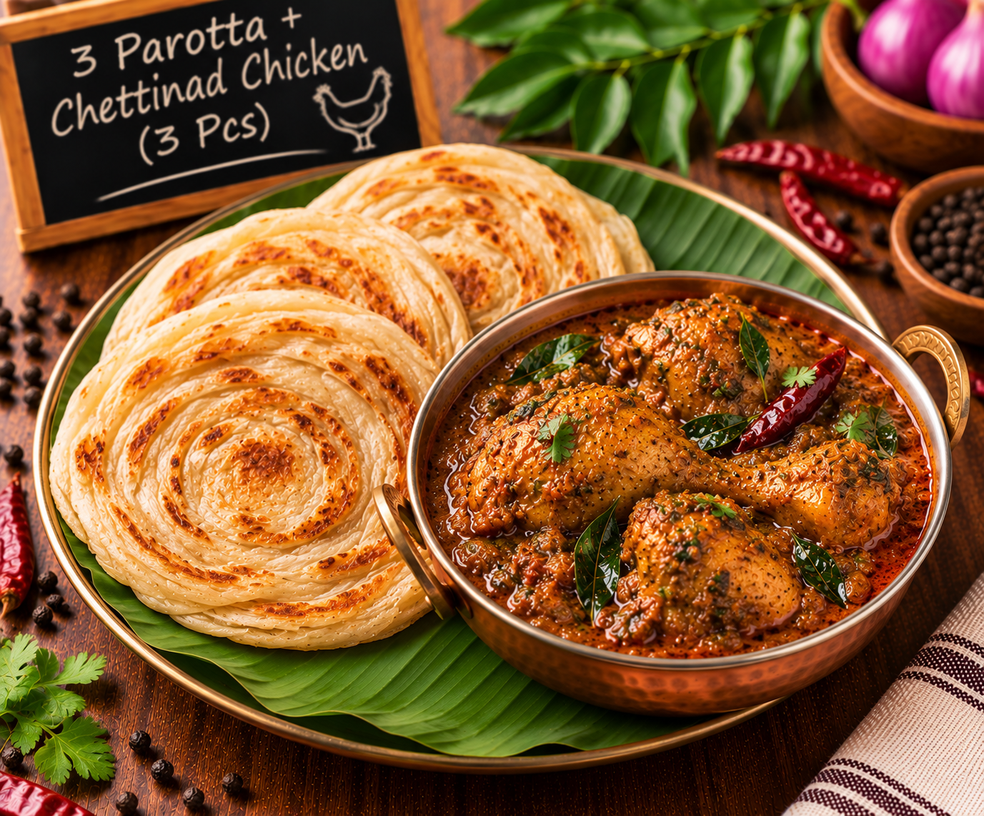 3 Parotta + Chettinad Chicken (3 Pcs - 250ml)