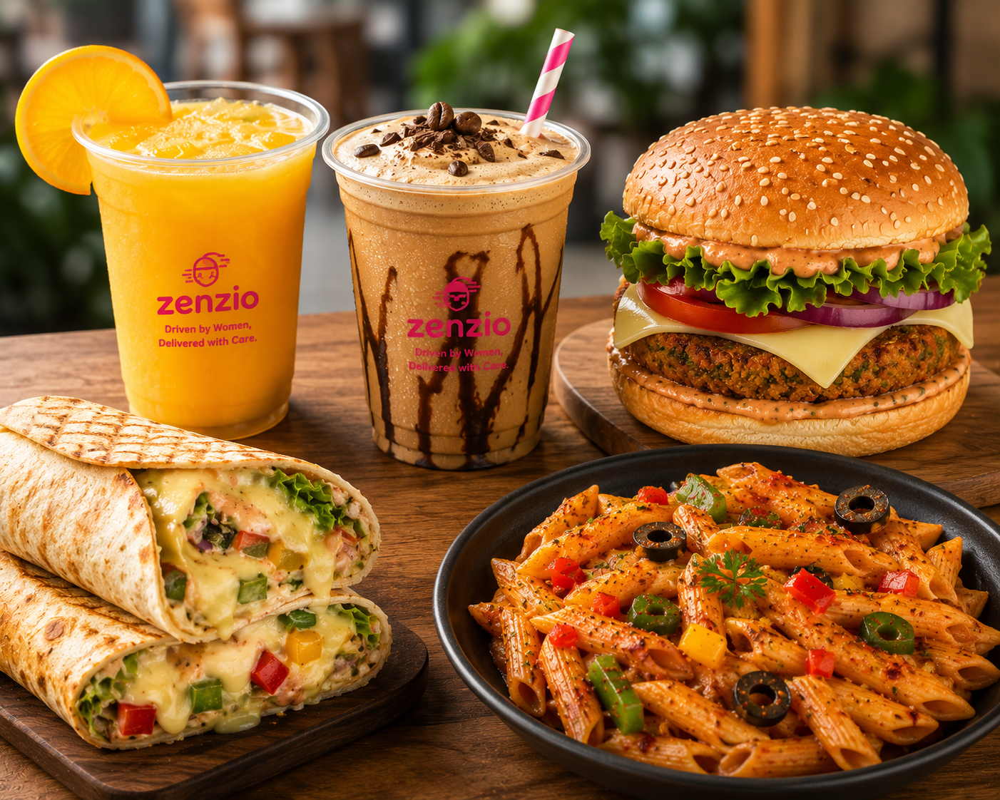 Fresh Juice + Chilled Coffee + Veg Burger + Chesse Veg Wrap + Pasta