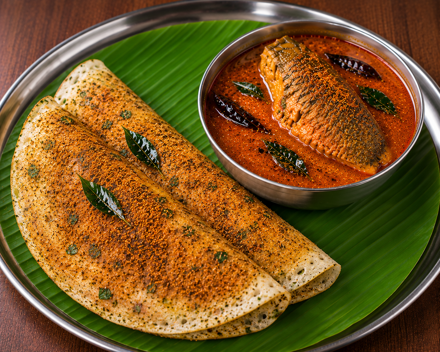 Karuveppilai Ghee Podi Dosa (2) with Fish curry