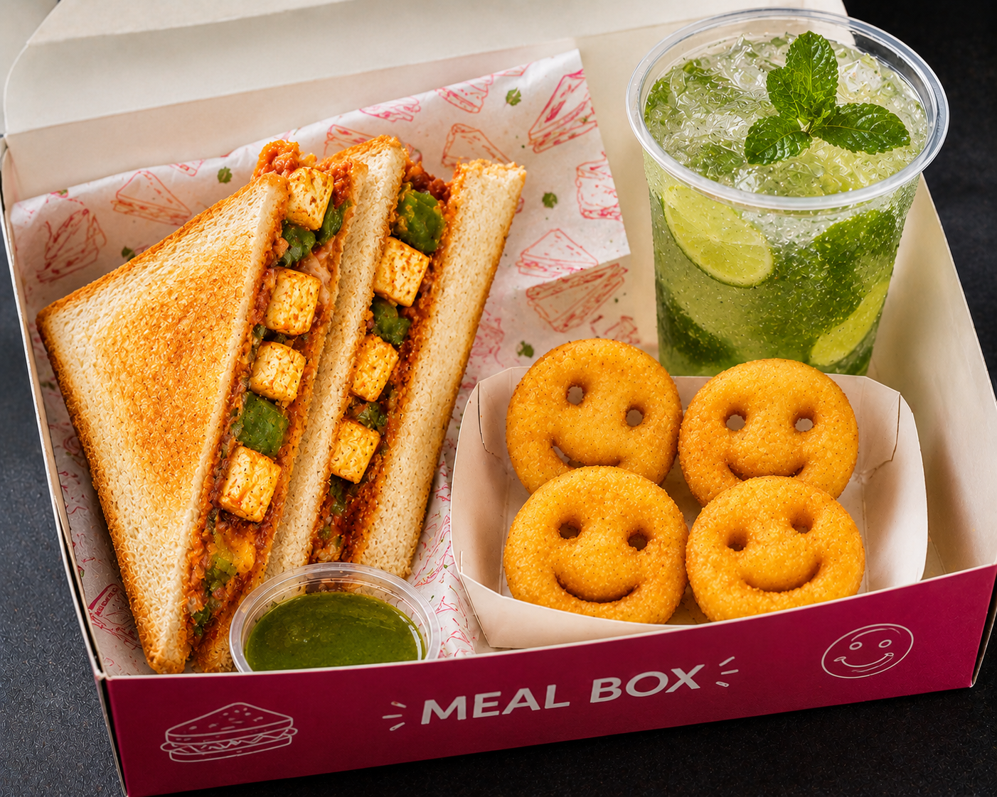 Paneer Sandwich Meal Box (Paneer Sandwich 1 + Smiles 4 Pcs + Mojito 1)