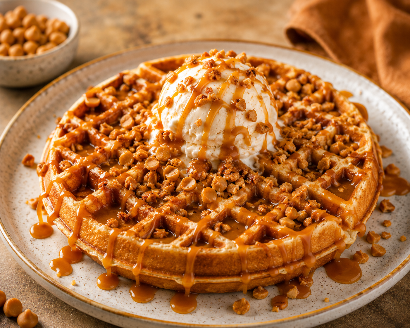 Crunchy Butterscotch Waffles (With Icecream)
