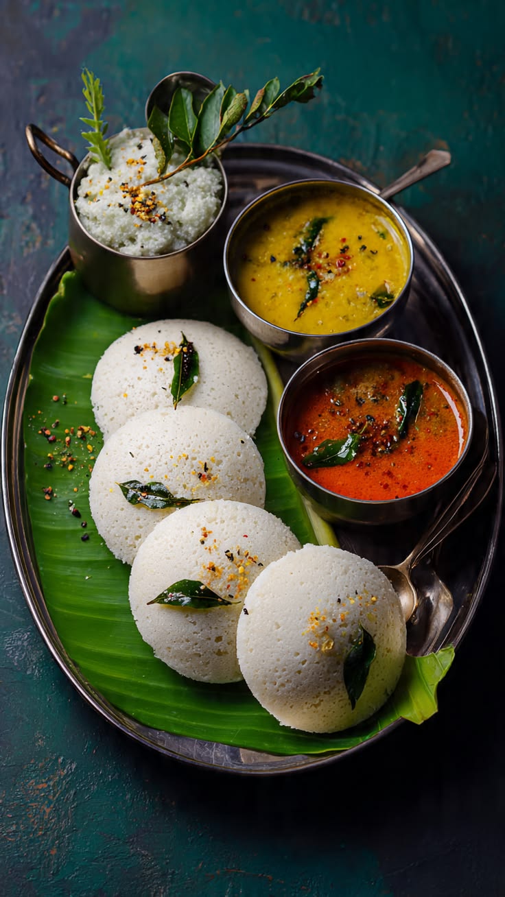 Idly 5 Pcs  with Sambar + Coconut chutney + Red Chutney