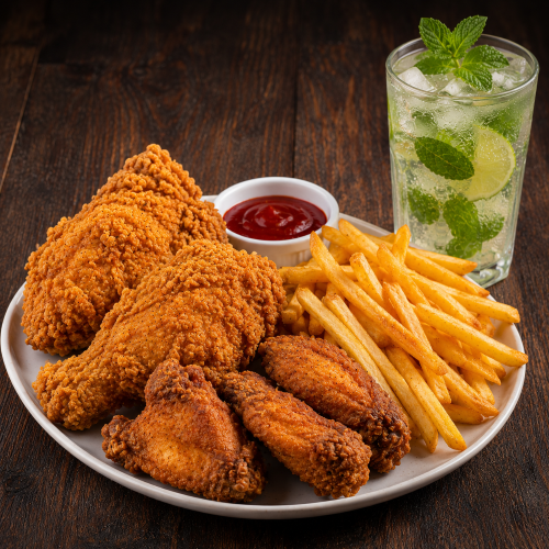 Fried Chicken(2PCS) +Wings(3PCS) + Fries + Mojito