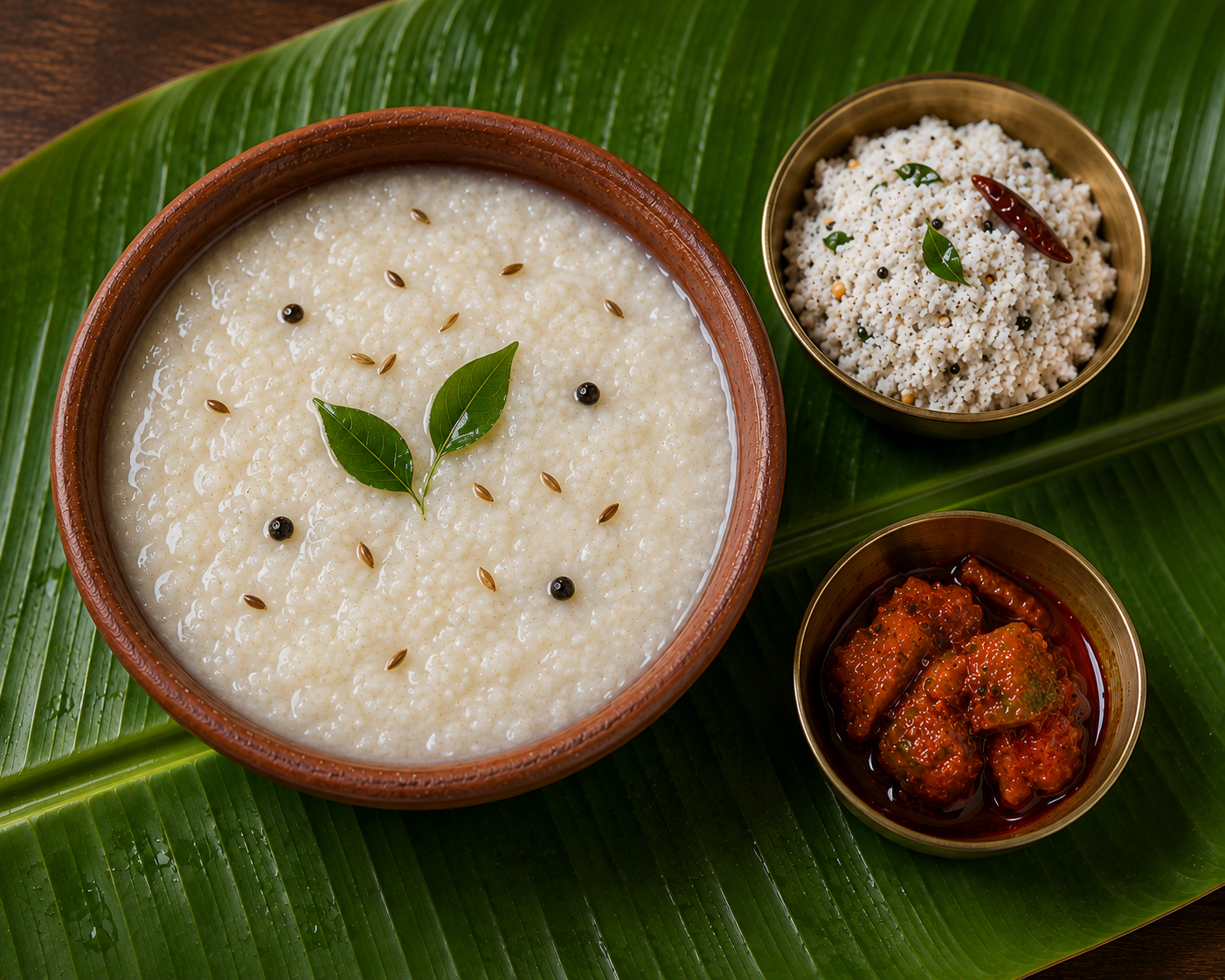 Varagu Arisi Kanji With Coconut thovayal and Pickles