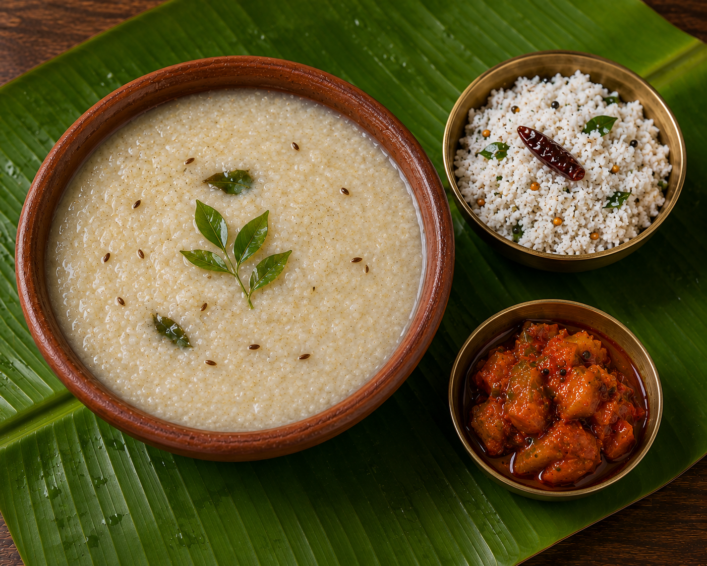 Samai Arisi Kanji With Coconut Thovayal and Pickles