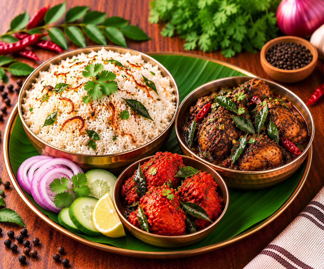 Rice 500 ml + Karuveppilai Chicken (3 Pcs) + Chicken 65 (3 Pcs)