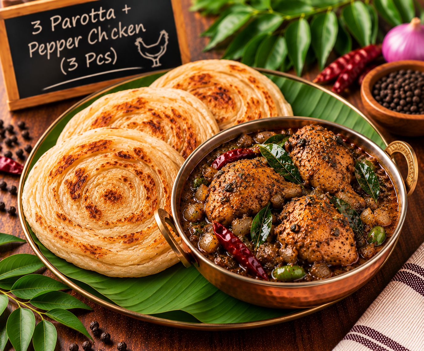 3 Parotta + Pepper Chicken (3 Pcs - 250ml)