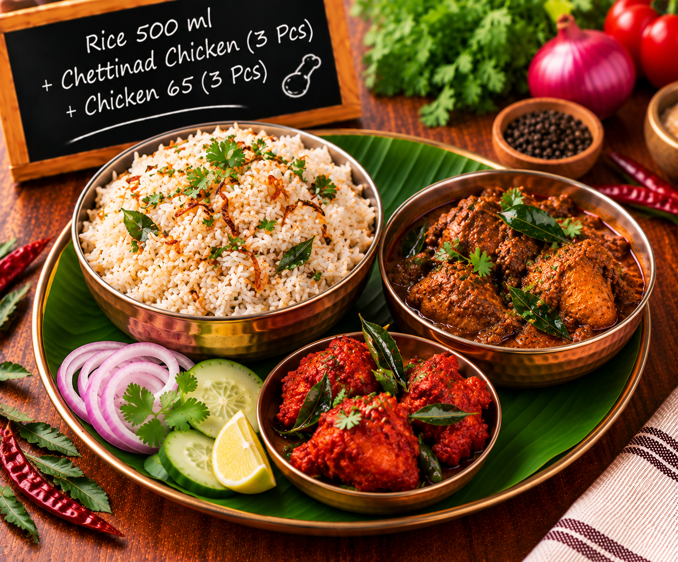 Rice 500 ml + Chettinad Chicken (3 Pcs) + Chicken 65 (3 Pcs)