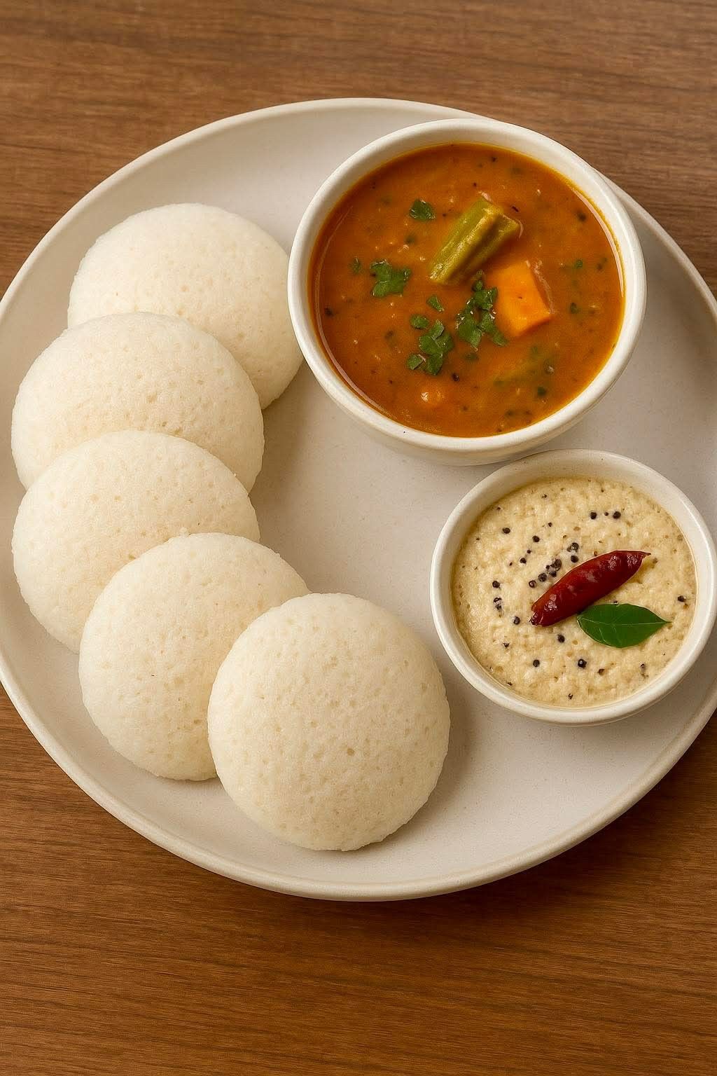 Idly Combo (5 Pcs Idly + Sambar + Tomato Chutney + Peanut Chutney )